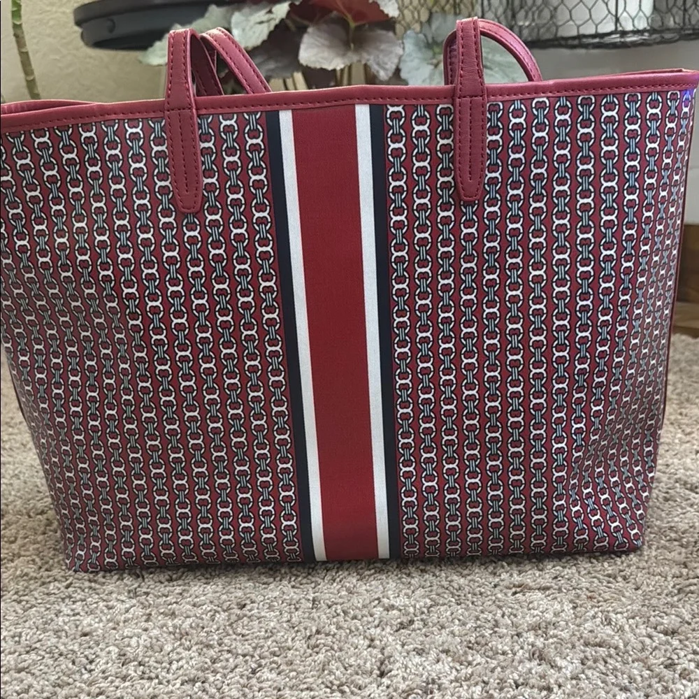 Tory Burch Red Logo-Pattern Gemini Link coated canvas tote bag